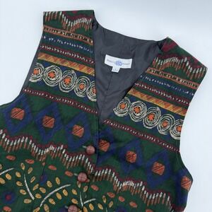 Rebecca Thomas Vintage Women's Geometric Print Button Front‎ Vest Green Medium
